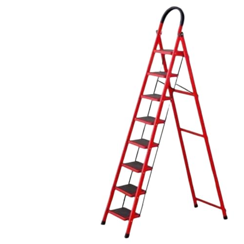 Kirnuo脚立 折りたたみ 3-8段 工具置き場付き 踏み台 ロック機能付き 耐荷重150KG 滑り止め付き スチール製 軽量 収納便利 業務用 室内 倉庫 工場 (レッド,8段はしご)